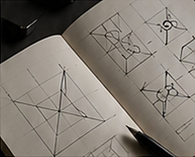 Sketchbook with geometric logo construction drawings
